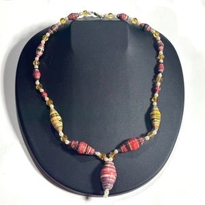 Handmade Multi-Color Paper Bead Necklace - Vibrant Pink Accent